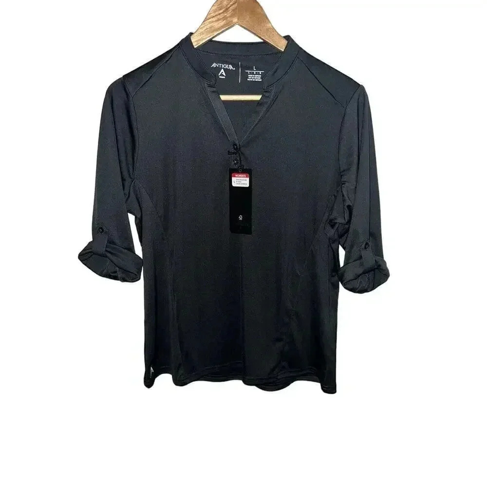 New Womens Nero Collar 3/4 Sleeve Shirt By Antigua L